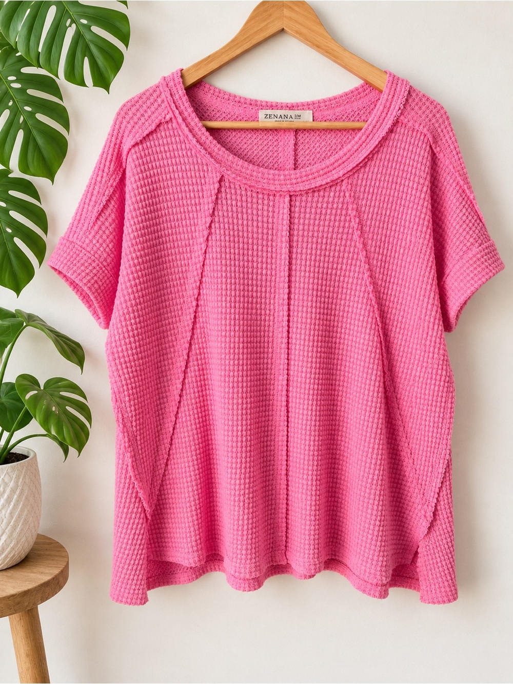 Zenana Bubblegum Pink Waffle-Knit Short Sleeve Top Size Small/Medium